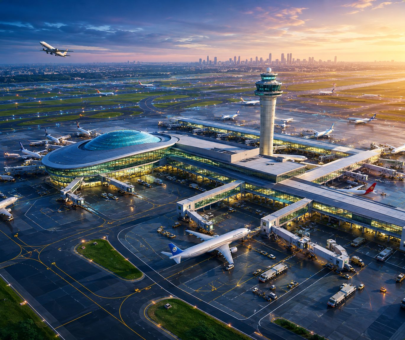 Airport terminal and control tower at dusk with aircraft on the apron