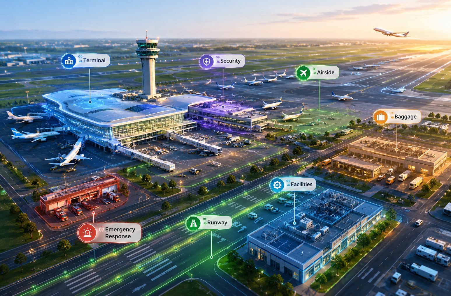 Annotated aerial view of an airport showing terminal, security, airside, baggage, facilities, runway and emergency response zones